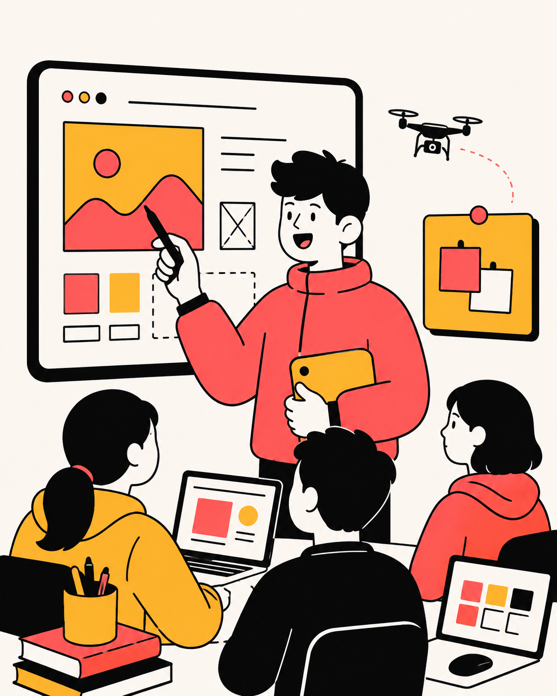 实习教师在课堂中讲解视觉设计并组织学生实践的插画